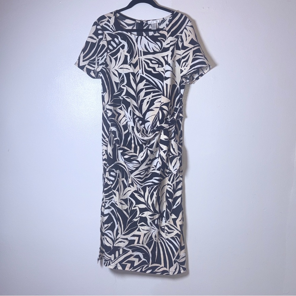 London Times Black and Cream Leaf-Print Twist Midi Dress
